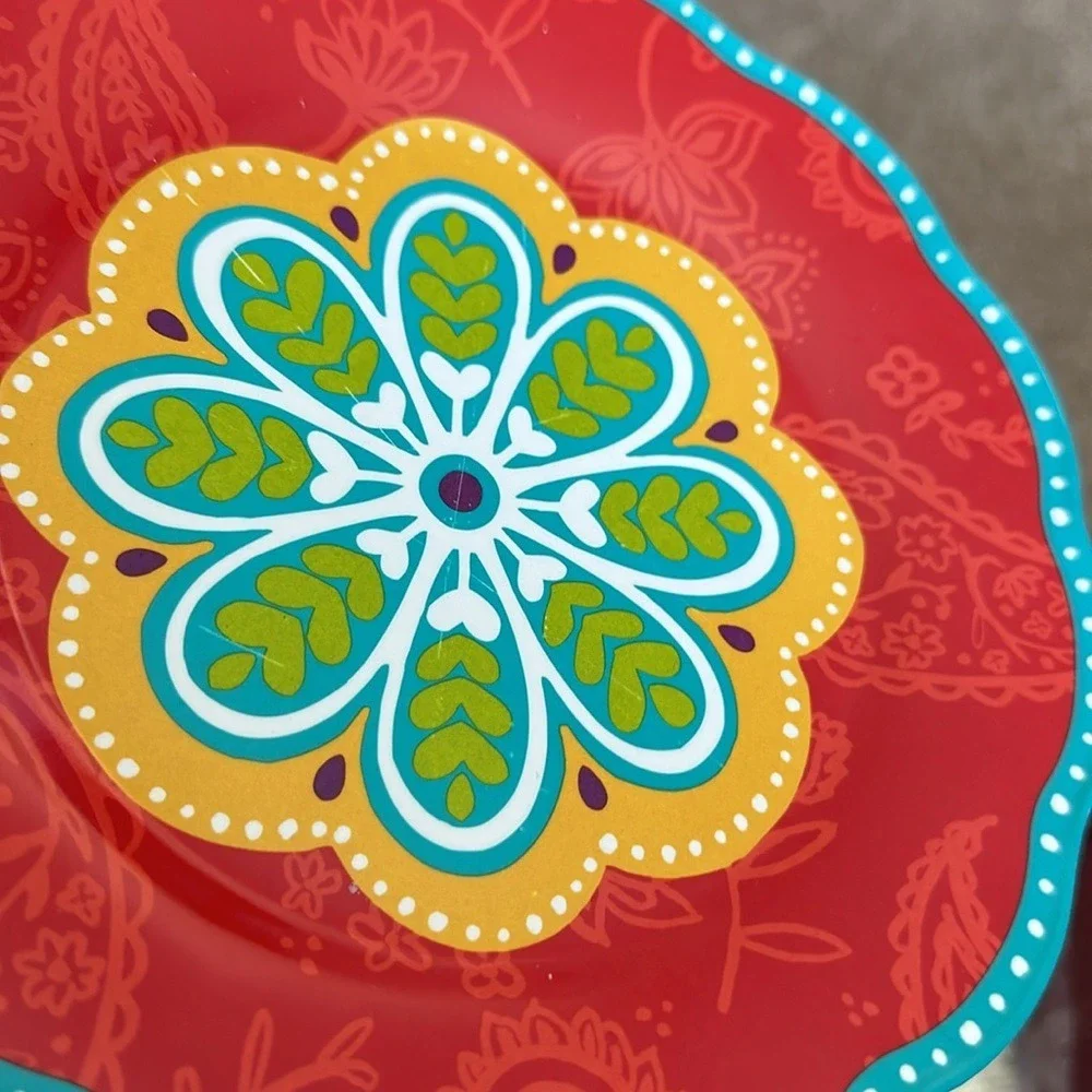 7 pc set Pier One Imports Melamine Dinner Plates Salad Sunny Bright Paisley‎ GUC